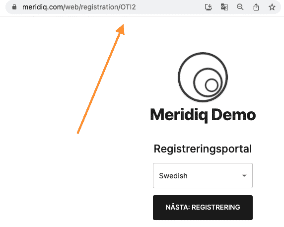 MERIDIQ registreringsportal skärmklipp av URL