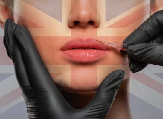 hands black gloves lip injection UK flag
