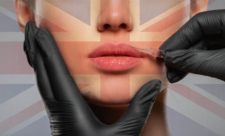 hands black gloves lip injection UK flag