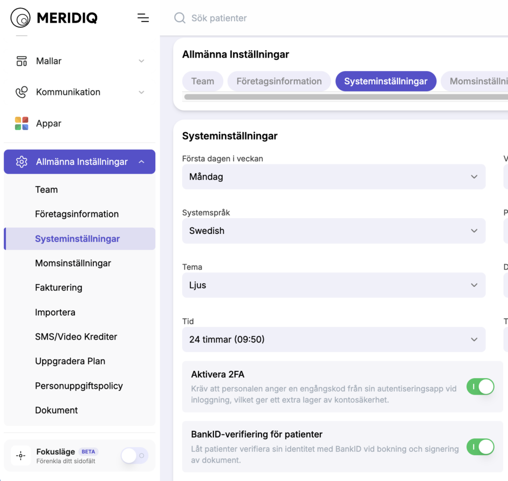 Systeminställningar MERIDIQ för 2FA